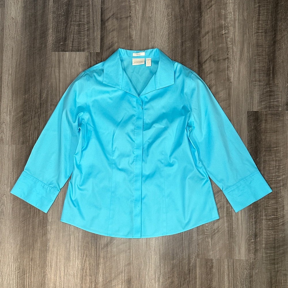 Chico's No Iron Vibrant Baby Blue Collared Button Down Blouse - 1 (Medium/8)